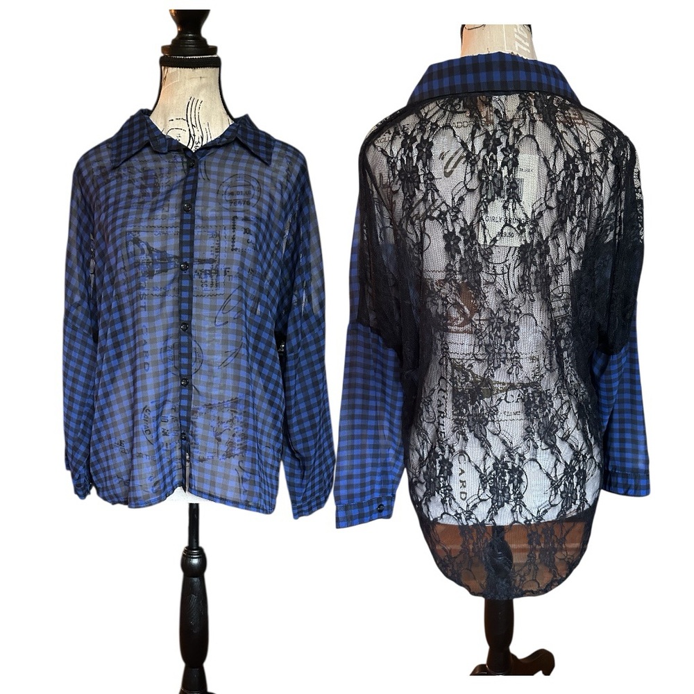 Eyeshadow Blue Black Gingham Sheer Lace Back Blouse Girly Grunge NWT L Dolman